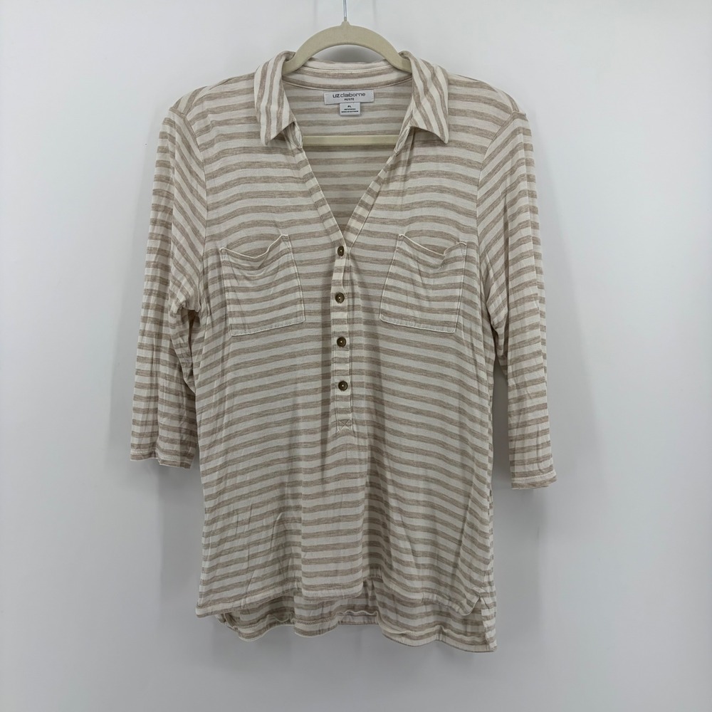 Liz Claiborne Size PL Beige Striped 3/4 Sleeve Button Front Collared Top Pockets